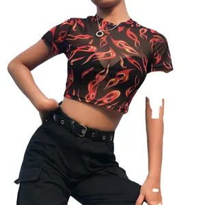 섹시한 여름 여성 짧은 소매 승무원 목 쉬어 메쉬 투명 천사 불꽃 프린트 자르기 탑 티셔츠