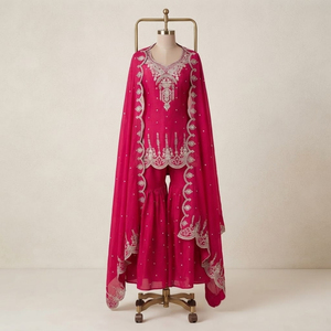 Conjunto Étnico Indio de Kurti de Seda Rosa Magenta con Bordado Intenso, Pantalones Sharara Acampanados y Dupatta con Trabajo de Calado para Mujer - Product Image 1