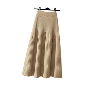 Falda Midi de Punto de Color Sólido para Otoño e Invierno, Estilo Casual, Plisada, de Media Longitud para Mujer - Product Image 1