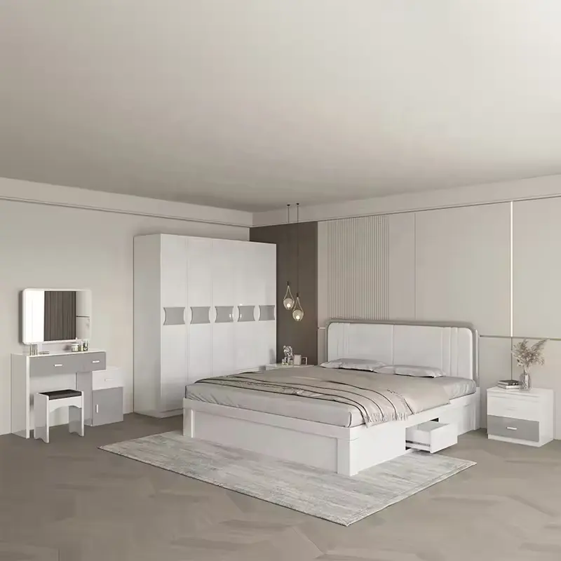Toptan özelleştirilmiş Modern stil yatak odası mobilya Set dolap dolabı ahşap yatak kral boyutu