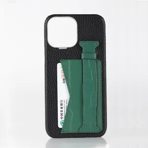 2023 Luxury Pebbled Leather Mobile Back Cover Phone Case With Credit Card Holder Finger Strap For Iphone 14 15 Plus Pro Max