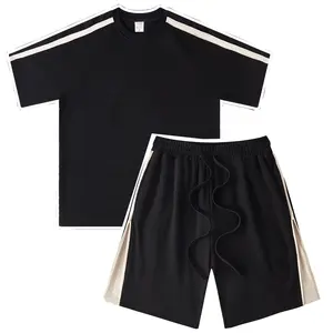Finch garment custom men streetwear track suit 100% cotton blank summer two piece waffle knit t-shirt short set