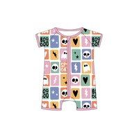 Bamboe baby romper met korte mouwen, rits aan de voorkant, op maat bedrukt Halloween patroon, baby jumpsuit slaapkleertjes, lage minimale bestelhoeveelheid