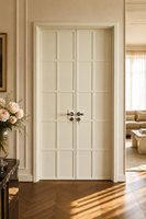 Puerta Doble de Madera Sólida Estilo Mediterráneo BOCHARM con Panel de Rejilla Crema, Manija de Hierro Forjado Francés, Entrada de Villa, Tamaño Personalizado