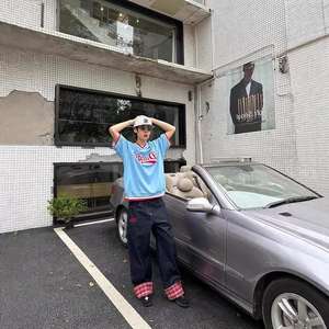 Jeans en denim à ourlet roulé, patchwork à carreaux américains, pour hommes, printemps automne, nouveau, jambe large, droit, ample, taille basse, style streetwear - Product Image 4