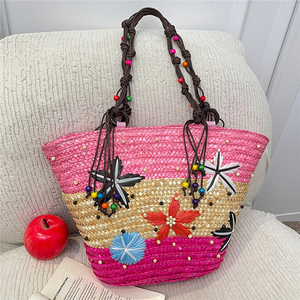 Sac à main tressé <span class=keywords><strong>en</strong></span> paille <span class=keywords><strong>de</strong></span> blé JIANUO, style bohème, fait main, avec perles et étoile <span class=keywords><strong>de</strong></span> <span class=keywords><strong>mer</strong></span>, grand format, tendance, vente <span class=keywords><strong>en</strong></span> gros - Product Image 1