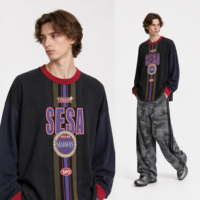 T-shirt à manches longues en tricot contrasté pour homme, style streetwear hip-hop, 300 grammes, imprimé graphique rétro, col rond