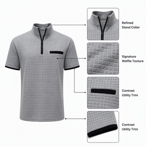 Jiaer Hot Sale Custom Logo Polyester Waffle Breathable Summer Vacation Golf <strong>Sports</strong> Casual Short Sleeve Zipper <strong>Polo</strong> Shirt for Men - Product Image 2