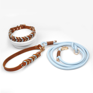 Maßgefertigtes Modernes Haustier-Leine-und-Halsband-Set Handgewebtes PU-Leder Geflochtenes Paracord mit Solidem Muster und Federdekoration - Product Image 6