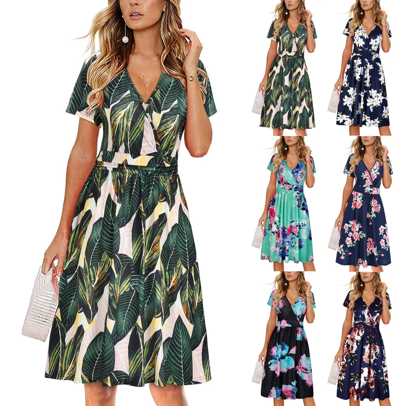 2023 Wholesale Women Casual Floral Print Tunic Boho Party Dress Summer V Neck Short Sleeve Mini Vestidos