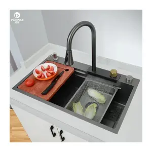 Station de travail de cuisine moderne évier avec robinet cascade noir nano évier de cuisine multifonction en acier inoxydable Wor de cuisine moderne