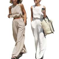 Ensemble coordonné pour femmes, haut en coton et lin léger de couleur unie pour l'été et pantalon ample à jambes larges