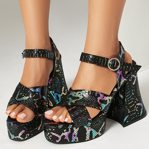 Mixed Colors Women High Chunky Heels Pumps Open Toe Colorful Sandals Party Dress Thick Platform Cross Straps <b>Shoes</b> - Product Image 2