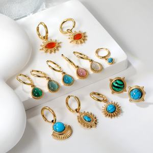 Wholesale Hot Selling <b>Fashion</b> 18k Gold Plated Sun Huggie Water Drop Opal Stainless Steel Blue Turquoise Stone <b>Hoop</b> <b>Earrings</b> - Product Image 1