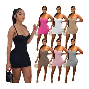 New stretchy solid color summer slip bodycon sexy party dress women night club halter strap short elegant mini casual dresses