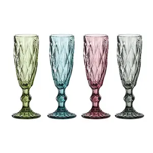 豪华菱形设计酒杯粉色蓝色绿色灰色高脚杯水晶香槟长笛玻璃