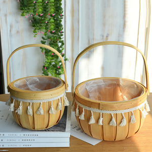 Handmade Rattan Woven <b>Basket</b> With Tassels Round Flower Pot For Home Decor - Product Image 1