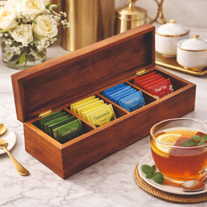 Boîte de rangement à thé classique en bois de qualité supérieure à 4 compartiments avec couvercle à charnières en laiton, design durable et écoresponsable, 25x10x10 CM - Product Image 3