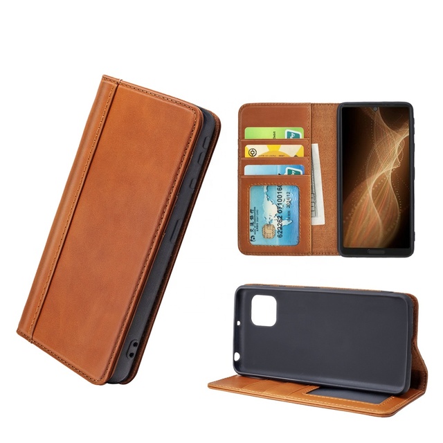 Guangzhou Genuine Cowhide Leather Foldable Mobile Phone Case with Card Holder and Flip Wallet for AQUOS Sense4-sense 5G