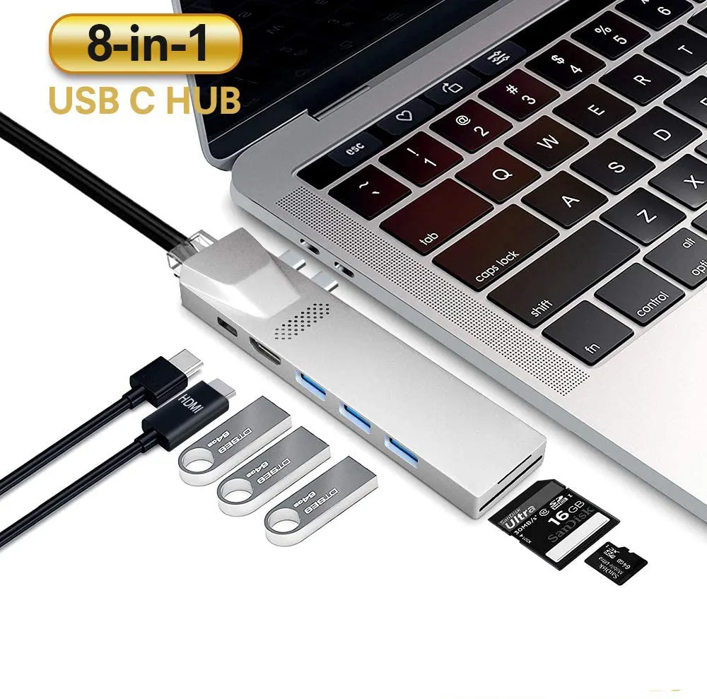 8 in 1 Dual USB C Dongle Docking Station with Gigabit Ethernet 4K HDM Port 3 USB 3.0 40Gbps Thunderbolt 3 for MacBook