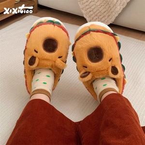 XIXITIAO kapak topuk çift Capybara terlik sevimli Hamburger ev ayakkabıları kaymaz kış kapalı slaytlar sıcak peluş ev slaytlar - Product Image 1