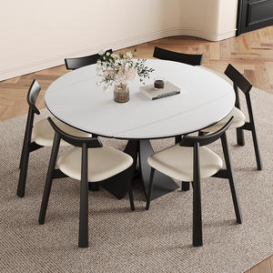 Juego de mesa de comedor redonda extensible con 4 sillas, tablero de madera maciza con superficie de piedra, estilo moderno retro para comedor - Product Image 4