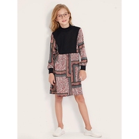 Robe longue côtelée à col roulé avec imprimé bandana rétro Paisley et empiècements, manches longues, pour adolescentes et enfants