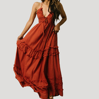 Robes de demoiselle d'honneur longues bohèmes en lin et coton, taille unique, à col halter, à encolure en V, à nouer dans le dos, à volants, couleur orange brûlé, 2026