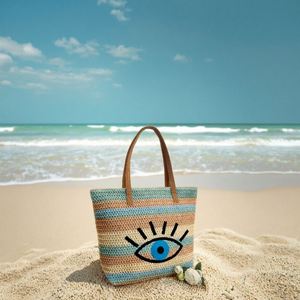 กระเป๋าชายหาดลายทางสีสันสดใสสำหรับฤดูร้อน  กระเป๋าโท้ทลายตาปีศาจขนาดใหญ่  กระเป๋าเดินทางกลางแจ้งลายตาสีฟ้า  กระเป๋าสานแบบกำหนดเองได้ - Product Image 4