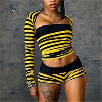 Seksi Çizgili Baskılı 3 Parça Takım Kadın Seksi Straplez Boru Üst Uzun Kollu Crop Top Şort Kadın Kulüp Seti