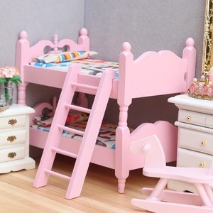 Meubles miniatures en bois <span class=keywords><strong>pour</strong></span> <span class=keywords><strong>maison</strong></span> <span class=keywords><strong>de</strong></span> poupée 1:12, modèle <span class=keywords><strong>de</strong></span> chambre d'enfant, lit superposé rose à deux étages - Product Image 3
