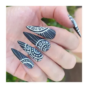 Personal Design Long Almond Fake Nails Grey Tips Paint Simple Pattern Nails Factory Direct Custom Full Cover Press On Nails