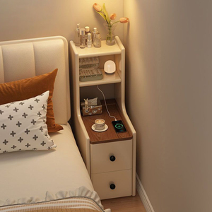 Table de chevet étroite avec station de charge sans fil, table d'appoint mince avec tiroirs et étagères de rangement ouvertes pour petites chambres - Product Image 1