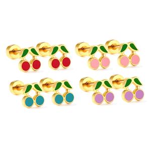 Pendientes de Acero Inoxidable con Baño de Oro de 18k para Niños, Tipo Broche de Rosca, Venta al por Mayor, con Diseño de Frutas y Cerezas Esmaltadas - Product Image 1