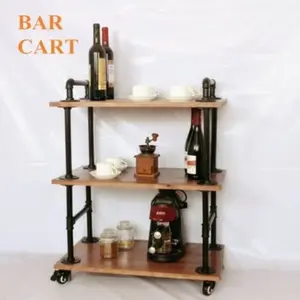 حار بيع NR الخشب ويلقي أنبوب حديد النبيذ الرف مع عجلات ، بار ، غرفة الطعام عربة الطعام