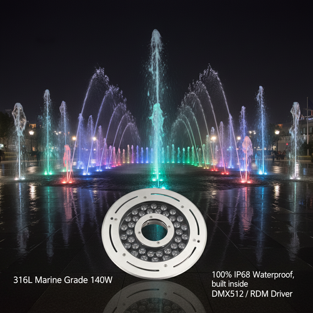 OEM ODM 316L Stainless Steel 108W DMX512/RDM IP68 LED Underwater Lights for Fountains 24V RGB/RGBW Lighting with 3-Year Warranty