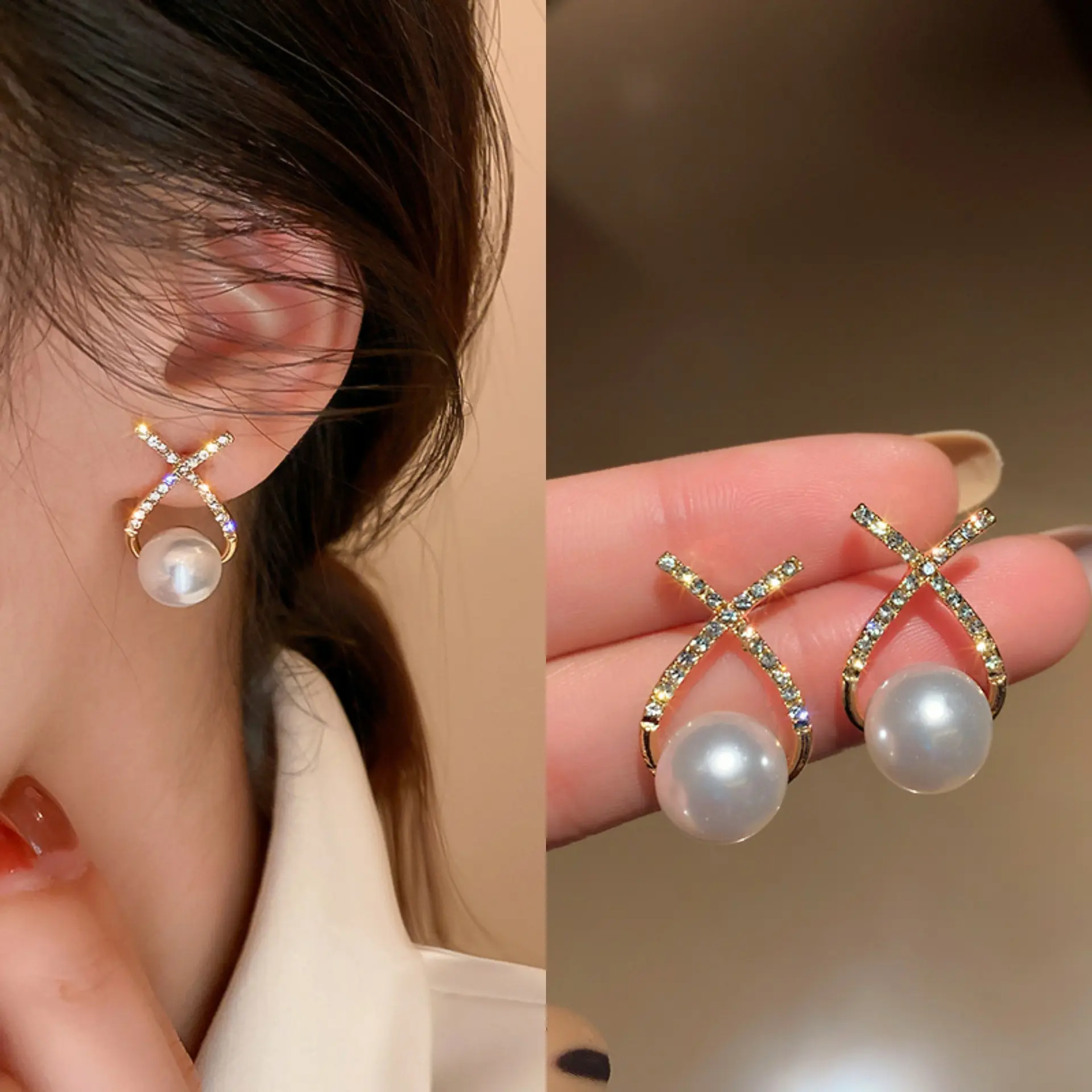 Ins Set Anting Mutiara silang Premium, anting berlian versi Korea manis X huruf untuk wanita