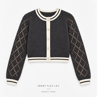 Cardigan en tricot ajouré personnalisé pour femme, col rond, bordure contrastante, manches raglan, coupe courte, boutonné, idéal pour le printemps et le bureau