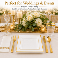 Service de vaisselle jetable à bord doré pour 50 invités, 350 pièces, assiettes carrées en plastique robustes, couverts, gobelets, serviettes pour mariage et fête