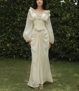 Robe longue victorienne en satin ivoire <span class=keywords><strong>pour</strong></span> femme, manches bouffantes, col à volants, taille corset, élégante <span class=keywords><strong>pour</strong></span> douche nuptiale et fête <span class=keywords><strong>de</strong></span> jardin - Product Image 1