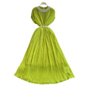 Robe d'été en mousseline de soie longue avec perles de luxe pour les femmes Loose Big Size Short Sleeve Crystal Birthday Evening Midi Pleated Dresses - Product Image 5