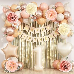 Décorations pour le 1er anniversaire, thème crème et or : « Joyeux anniversaire », fournitures <span class=keywords><strong>de</strong></span> fête bohème pour la célébration d'un enfant <span class=keywords><strong>de</strong></span> 1 an - Product Image 1