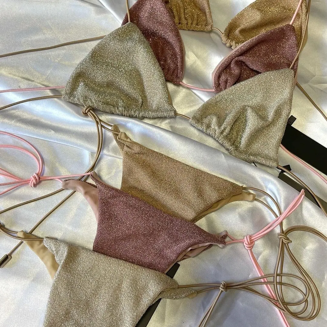 2023 été maillots de bain couleur unie string Bikini luxe LUREX tissu maillots de bain bikini ensemble deux pièces maillot de bain pour les femmes 2023