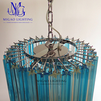 Lustre en verre long à plusieurs niveaux, style cascade bleue médiévale française, décoration d'intérieur de luxe léger pour villa, escalier et hall haut.