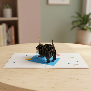 Carte 3D pop-up chat avec chapeau de fête et oiseau, carte de vœux en papier artisanal pour la décoration de la maison - Product Image 2