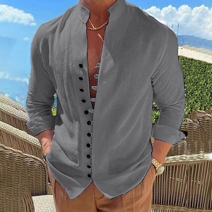 Camicie Henley Vintage da Uomo a Maniche Lunghe con Bottoni, Vestibilità Ampia, Colletto Rovesciato, Tessuto Elasticizzato in <span class=keywords><strong>Lino</strong></span>/Cotone - Product Image 3