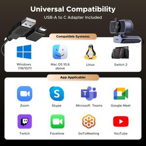 Uירוק 4k מצלמת אינטרנט עבור PC אולטרה HD 1080p 30fps מצלמת אינטרנט עם מיקרופון, כיסוי פרטיות, 70 ° fov, pov autofocus pdaf - Product Image 6