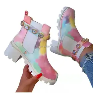 J & H Hợp Thời Trang 2022 Bán Buôn Tie Dye Giày Với Rhinestone Strap Fancy Nền Tảng Chunky Chelsea Boots Đối Với Phụ Nữ Cộng Với Kích Thước Casual