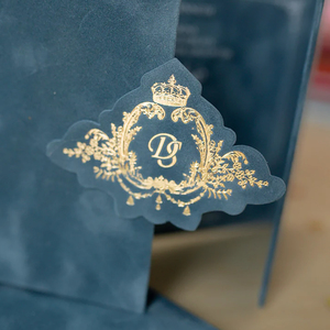 Customized luxury matte blue velvet wedding <b>invitation</b> with gold foil acrylic cardstock - Product Image 3