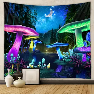 Mushroom Tapestry Moon And Stars Tapestries Plants Starry Night Sky Tapestry Wall Hanging For Room